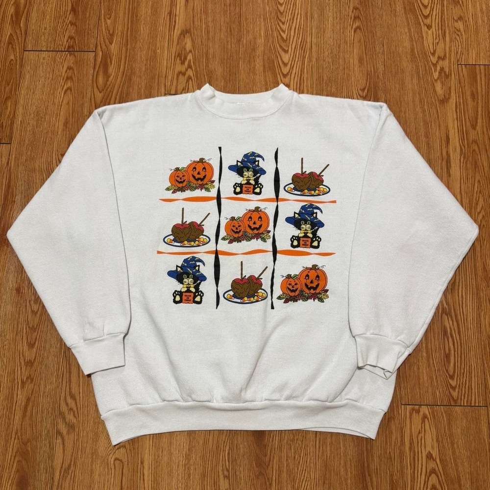 Vintage Halloween Cat Men's Sweatshirt XL 90s Kitty Pumpkin Spooky White